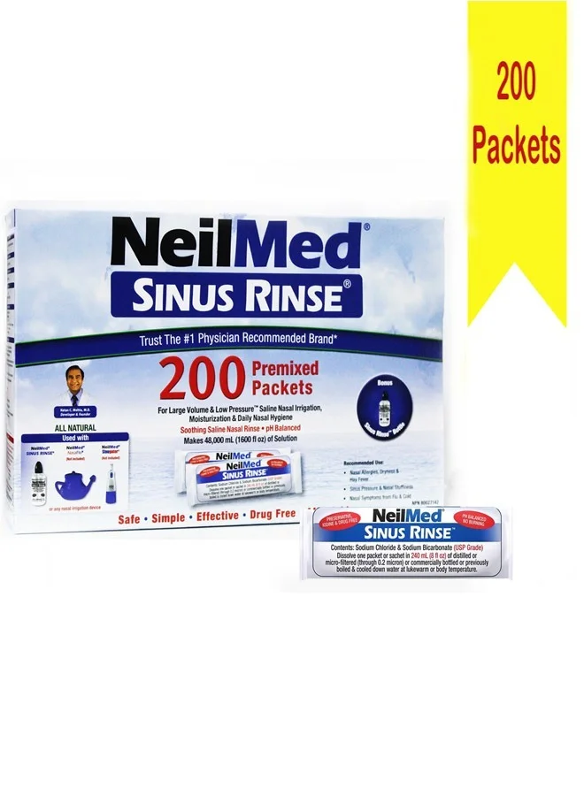 Sinus Rinse Kit Nasal Irrigation System with 200 Pre-Mixed Saline Packets for Allergy and Cold Relief (200 Pieces) efnol