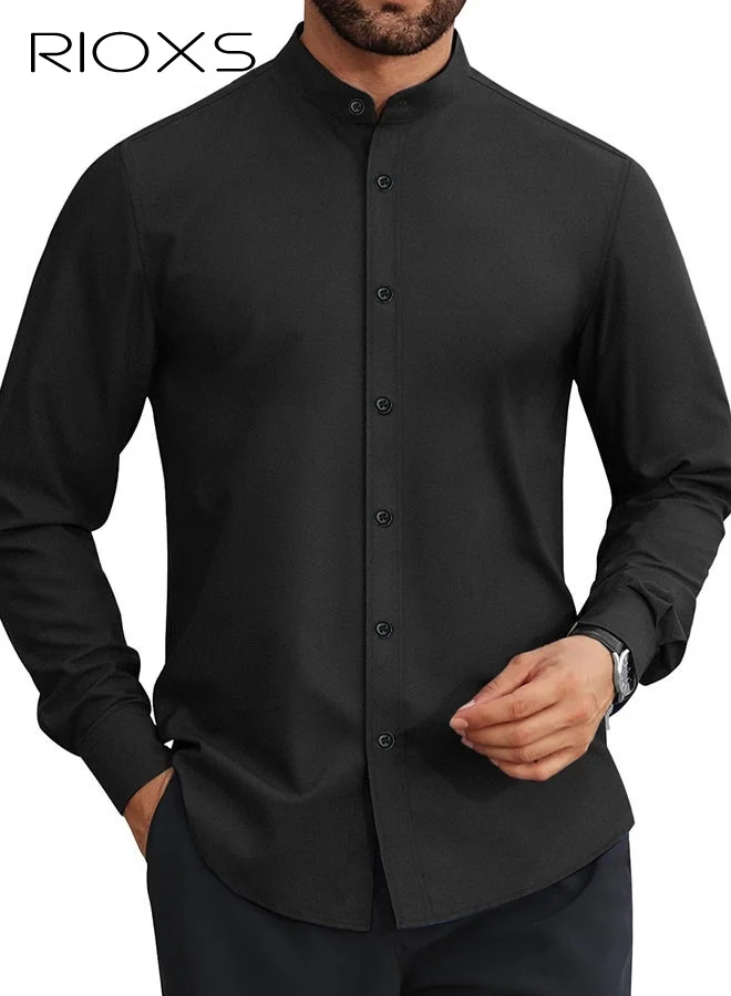 RIOXS Men's Stand Collar Dress Shirt, Long Sleeve Slim Fit Button Down, Wrinkle-Free Polyester Formal Office Wear (Black, Medium) 2cmcj