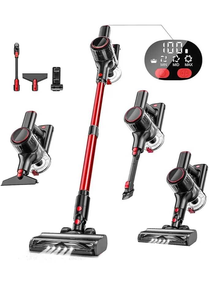 SINCHER Cordless Vacuum Cleaner 30Kpa Powerful Stick Vacuum with LED Display (Red, 1.5L) 0cb4n