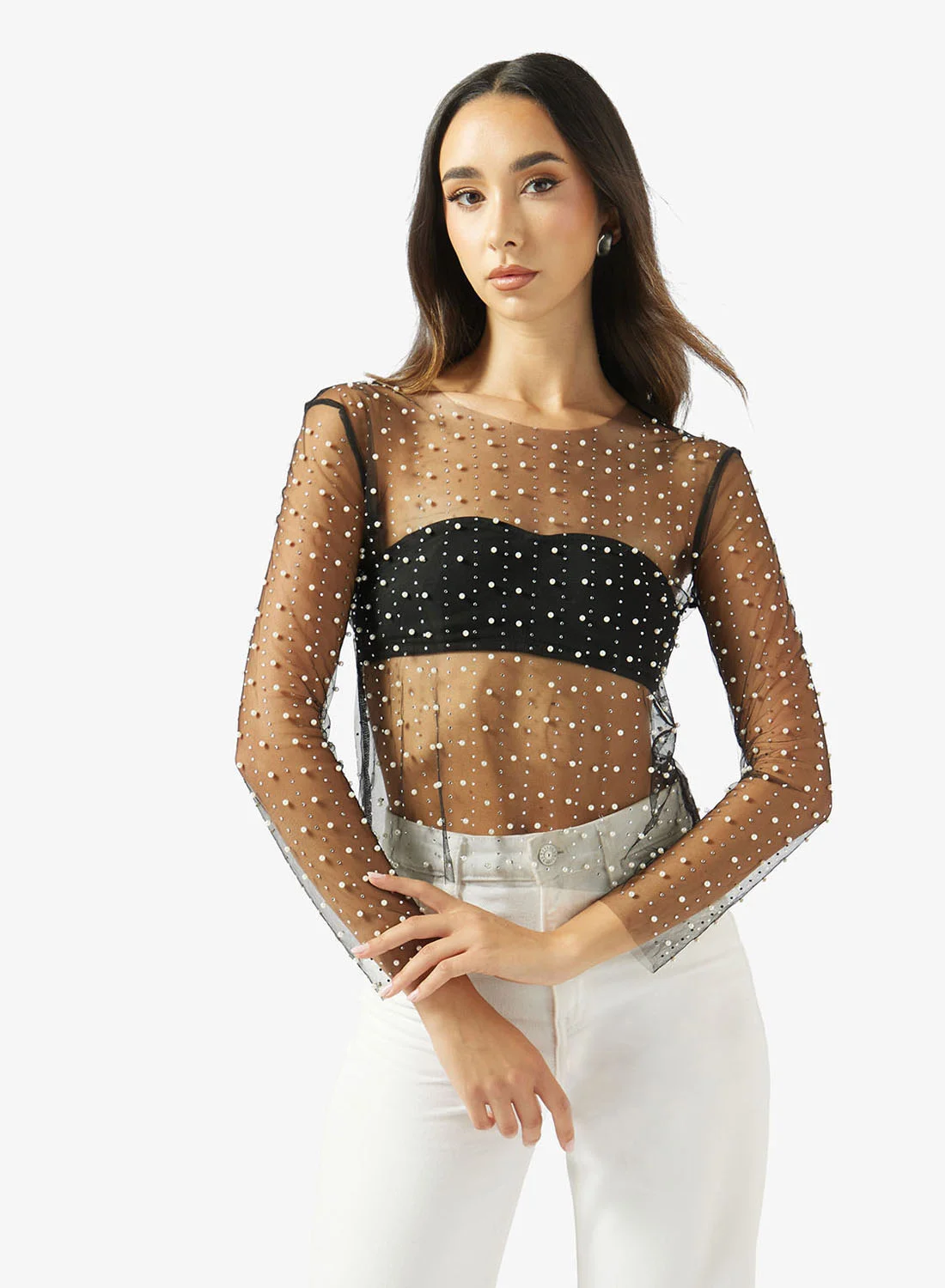 Ginger Rhinestone Embellished Mesh Long Sleeve Top Premium Evening Wear for Women (Black, Medium) jy7c0
