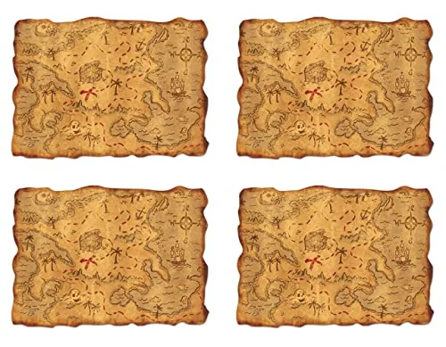 Premium Plastic Treasure Map Set (Vintage Adventure Props for Pirate Themed Parties and Decorations, 4 Pack, 30 cm x 45 cm) c1xdj