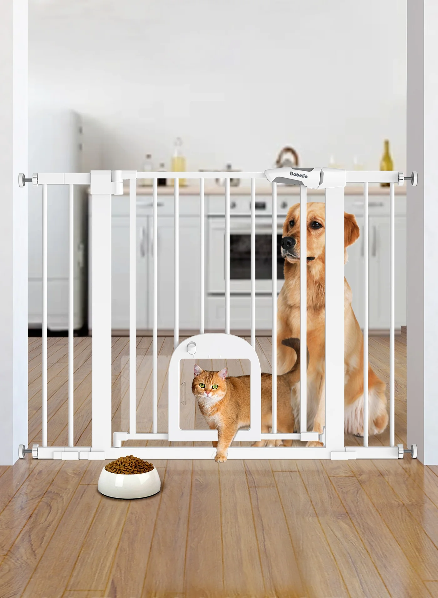 Babelio Safety Gate with Adjustable Cat Door Auto Close Pressure Mounted Pet Barrier for Stairs and Doorways (74-109cm) llv4i
