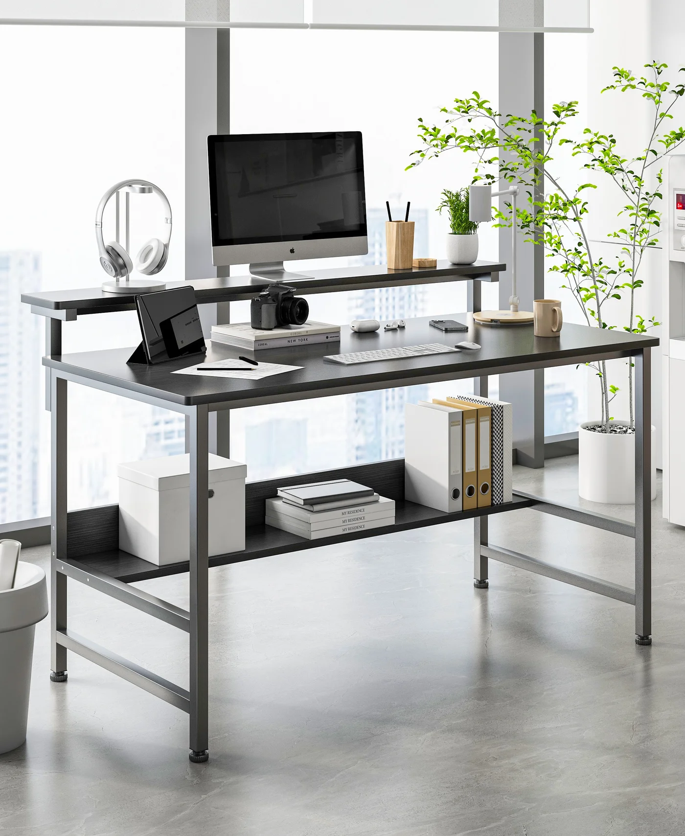 FAMAPY Gaming Desk with Carbon Fiber Surface and Adjustable Monitor Rack (Black, 110x45x75cm) jcmm1
