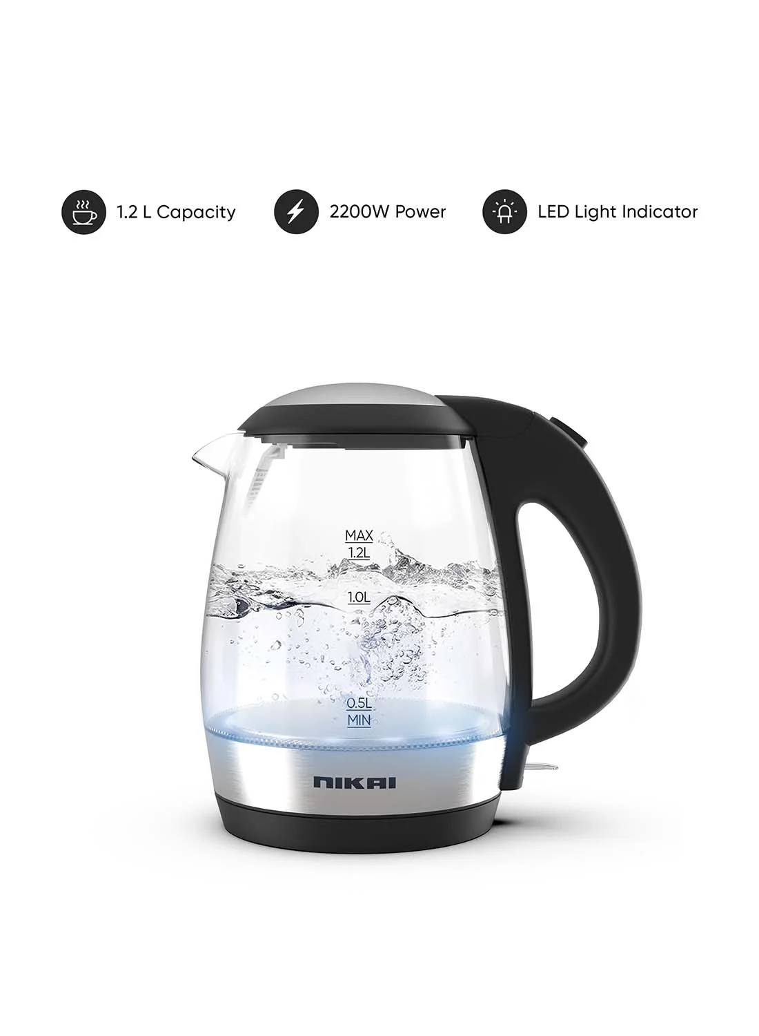 Nikai Compact Electric Glass Kettle with LED Indicator and 360-Degree Base (Clear/Silver, 1.2 L) tnanz