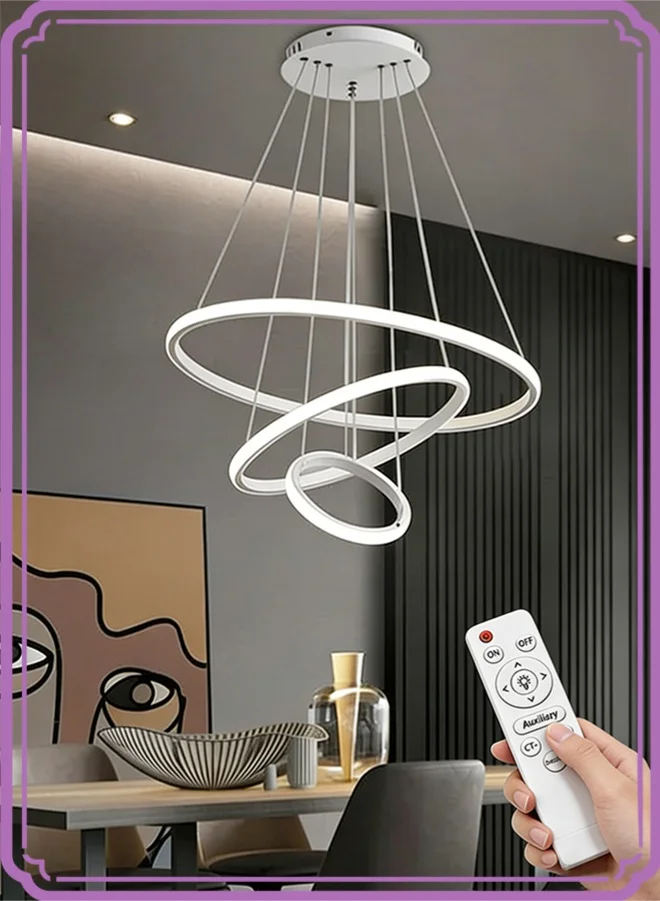 APEX Smart Modern LED Chandelier 3-Ring Pendant Light Fixture Dimmable Circular Ceiling Lamp with Wireless Remote Control (3-Color, 60cm) kvslx