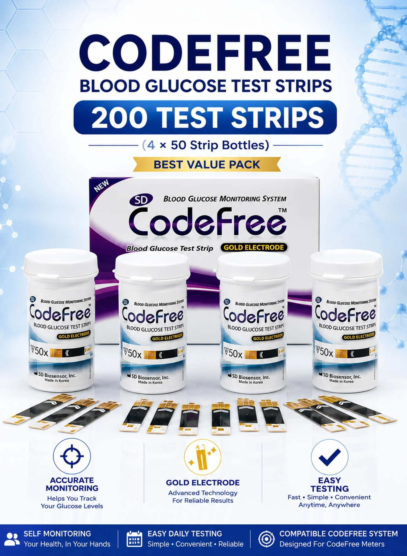 Premium Blood Glucose Test Strips with Gold Electrode Technology (4 Packs of 50 Strips, 200 Count) djr8k