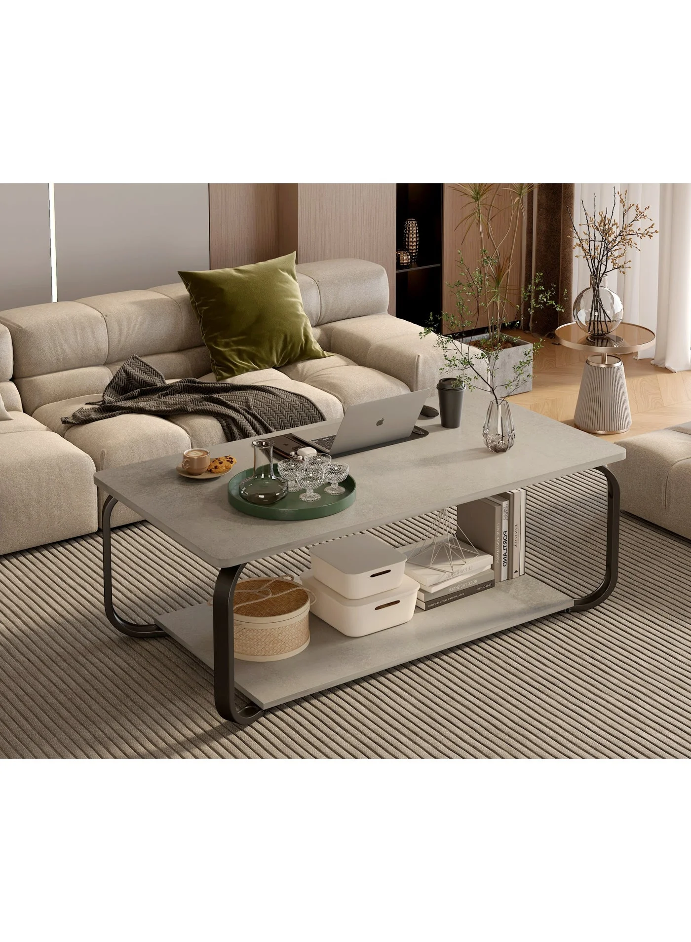 CityRiya-Long Modern 2-Tier Coffee Table with Storage Shelf Premium Central Sofa Desk for Living Room and Office (100x48cm) x8gio