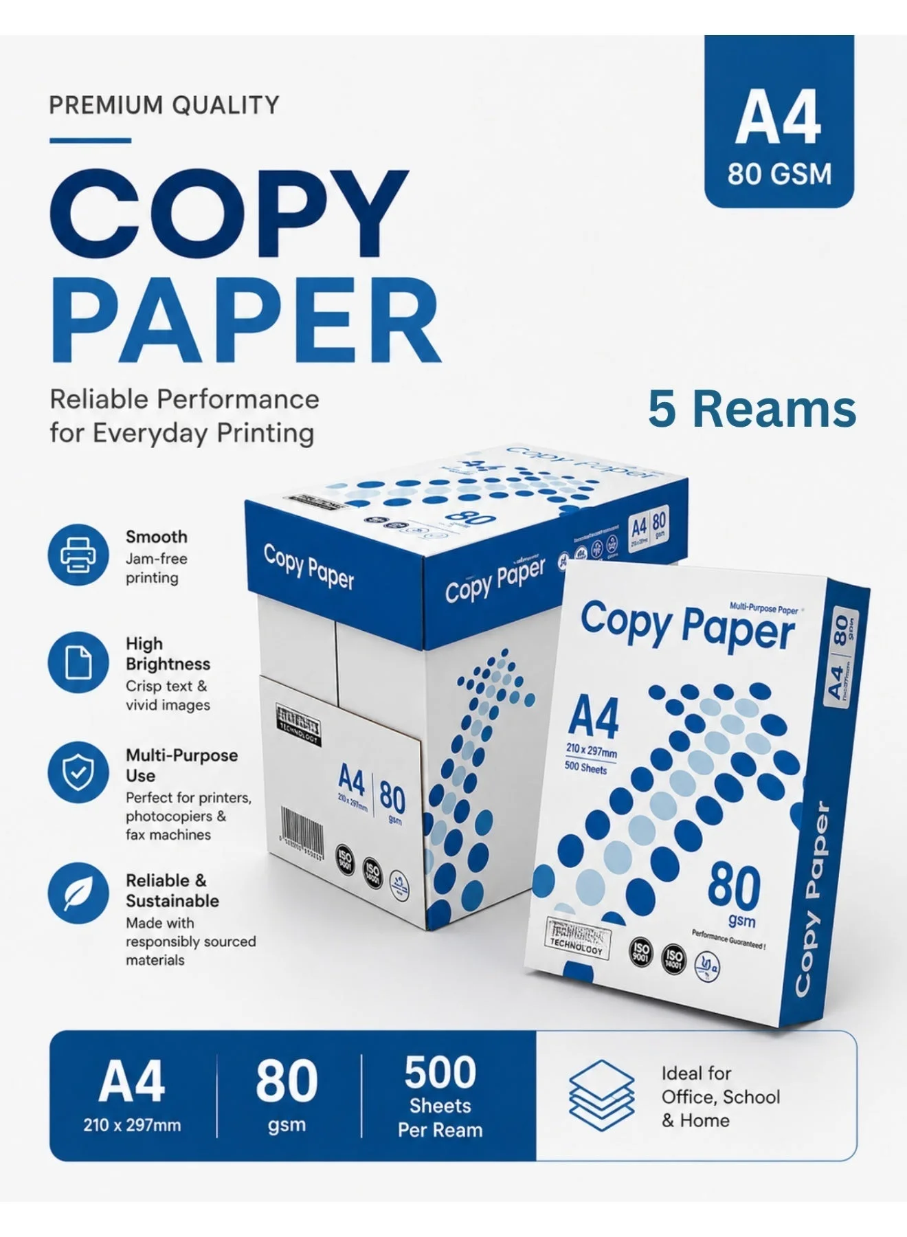 Premium Multipurpose A4 Copy Paper 80 GSM (Bright White, 2500 Sheets) Jam-Free Printing Paper for Office and Home 11yxg