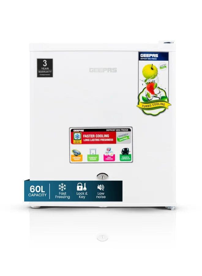 GEEPAS Compact Mini Fridge with Freezer Section, 60L Capacity, Low Noise Turbo Cooling, Premium White Finish for Bedrooms and Offices (60L) d2k4g