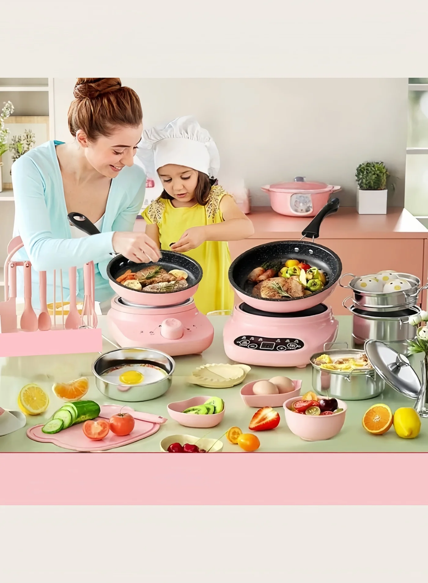 XOI Electric Cooking Toy Set for Kids Montessori Kitchen Play Activity (Pink, 27 Pieces) 6d8ye