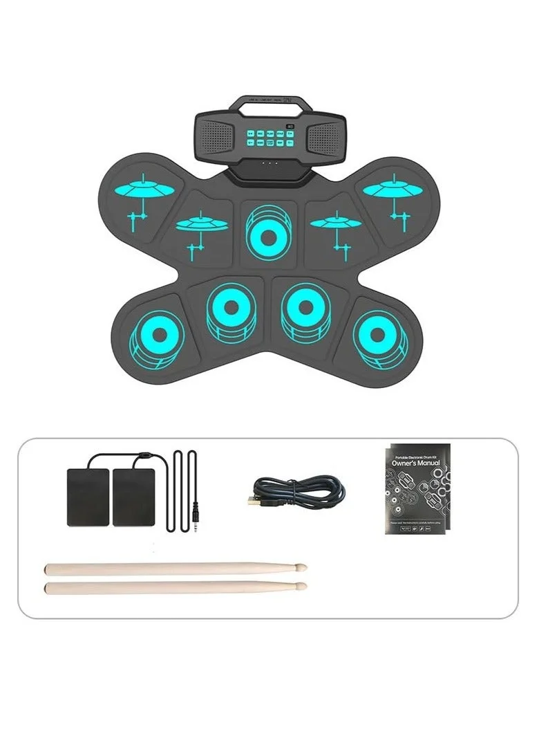 WALALLA Portable 9-Pad Electronic Drum Set with USB MIDI Connectivity and Dual Stereo Speakers (For Kids and Beginners) tlkaq