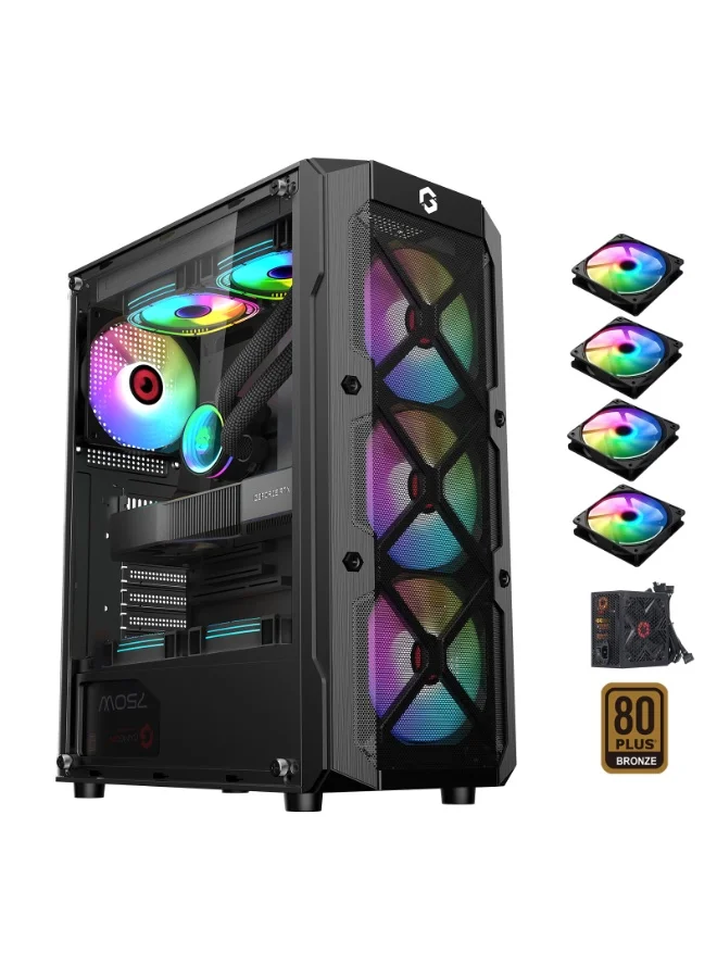 GAMEON TRIDENT III-M Mid Tower Gaming Case with 750W PSU and 4 LED Fans (Black, ATX/M-ATX/ITX Compatible) n9qas