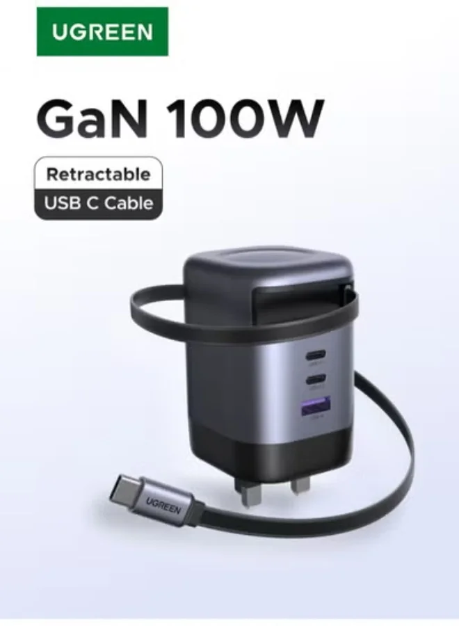 Premium 100W Retractable USB-C Fast Charger 2C1A Desktop Power Adapter with 0.75m Cable (Grey) vaq1z