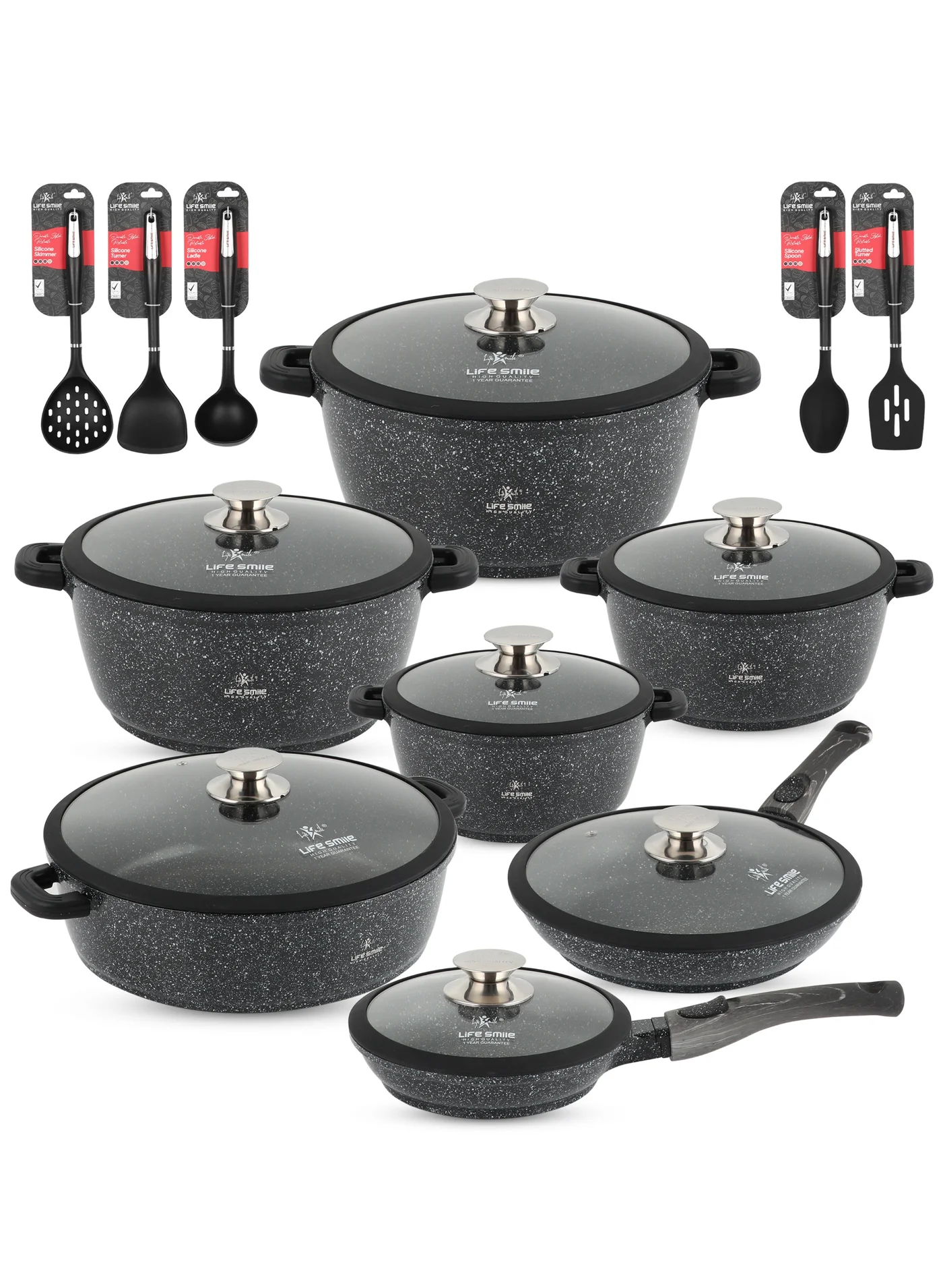 Life Smile Nonstick Granite Cookware Set Induction Compatible Pots and Pans with Silicone Utensils (13-Piece Set) po861