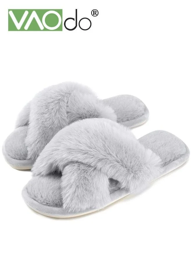 VAOdo Women Fuzzy Memory Foam Cross Band Slippers Plush Open Toe House Slides (Grey, 38-39 EU) 4atur