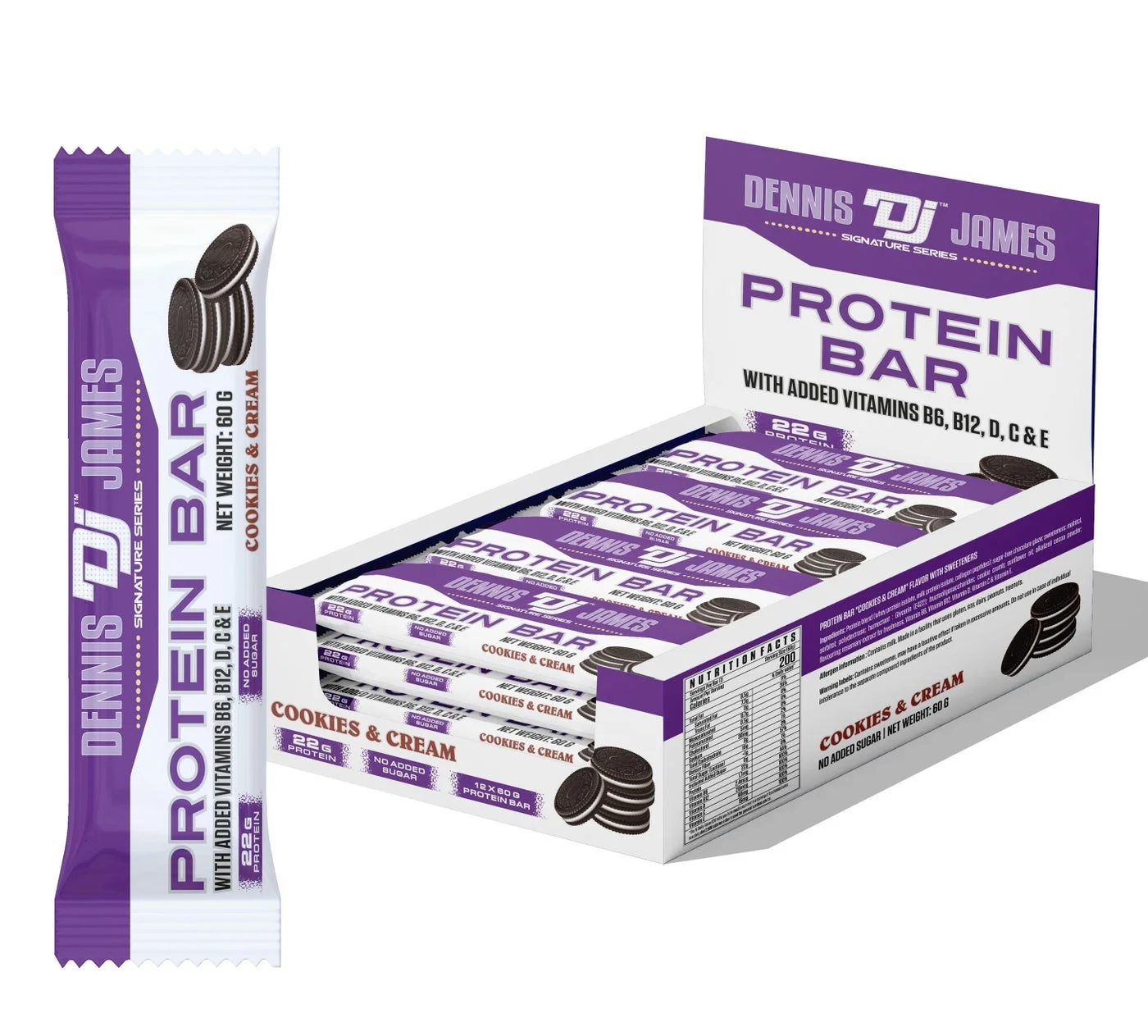 DENNIS JAMES Protein Bar with Added Vitamins Cookies & Cream (12 Bars x 60g) uv2ox