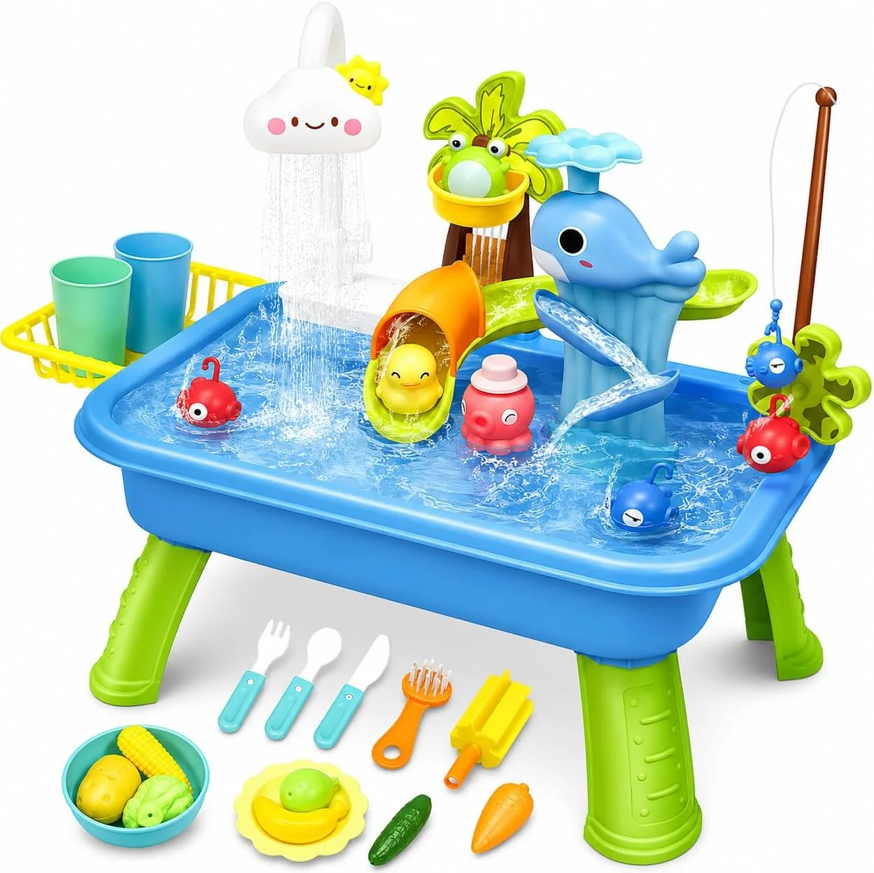 Zuffeloria Water Table for Toddlers, Outdoor Play Sink with Waterfall Shower and Fishing Game (Blue, 60 cm) t2ws7