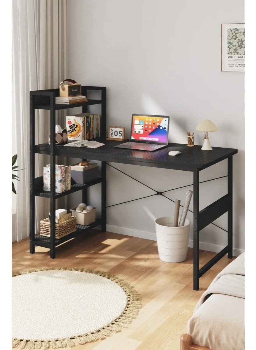 Premium Home Office Desk with Multi-Tier Bookshelf and Carbon Fiber Desktop (Black, 120cm x 60cm) l0hdc