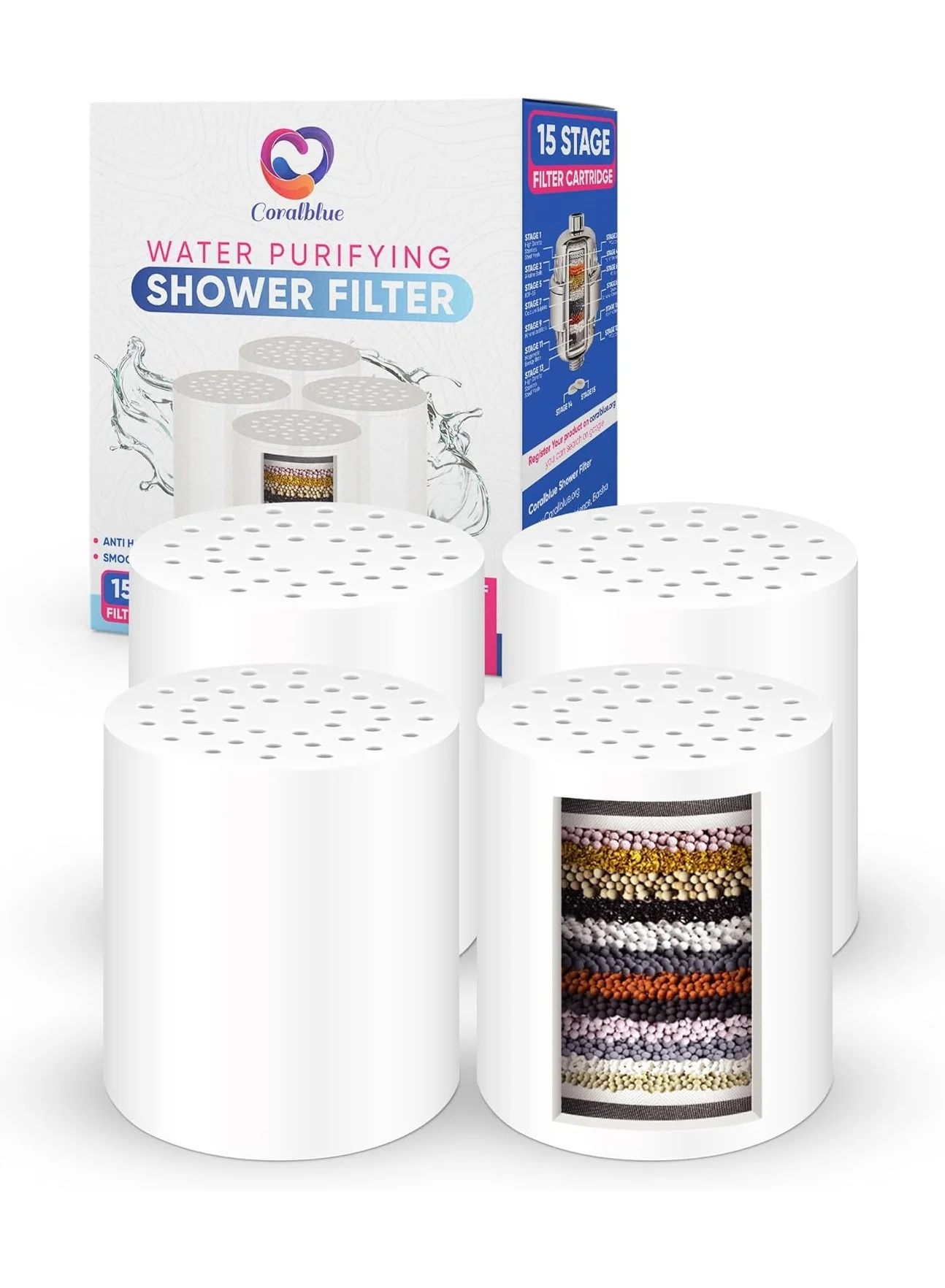 Coralblue 15-Stage Shower Filter Cartridge Replacement Set (Premium Water Purification for Hard Water, 4-Pack) 7w5op