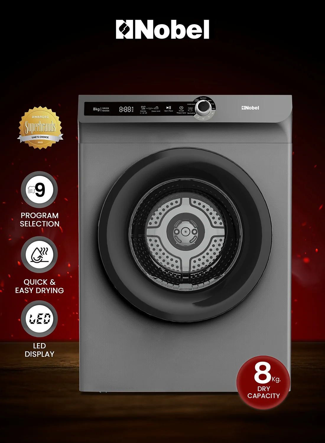 Nobel 8kg Vented Clothes Dryer with LED Display and 8 Programs (Dim Grey, 8kg Capacity) ntn3u