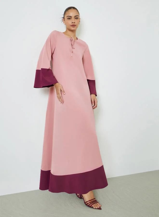 Amirah Pink Tie-Up Neck Jalabiya with Contrast Trim (Premium Traditional Modest Wear for Women) dhiqr