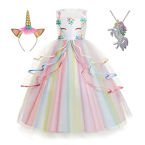 Yipkorra Unicorn Princess Dress for Girls Birthday Party Costume with Headband and Necklace (Multicolor, 160 cm) z8nr7