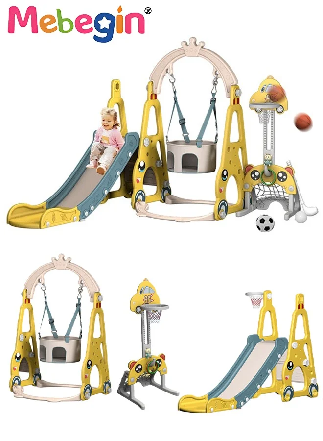 MEBEGIN 7-in-1 Kids Slide and Swing Set with Basketball Hoop and Sports Games (Indoor and Outdoor Playground, ABS Plastic) klveo