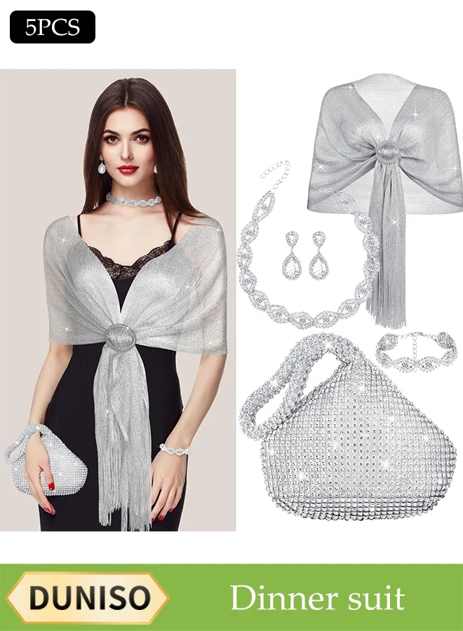 DUNISO 5-Piece Rhinestone Jewelry and Evening Clutch Set Premium Silver Accessory Collection for Weddings and Formal Events 5dj4m