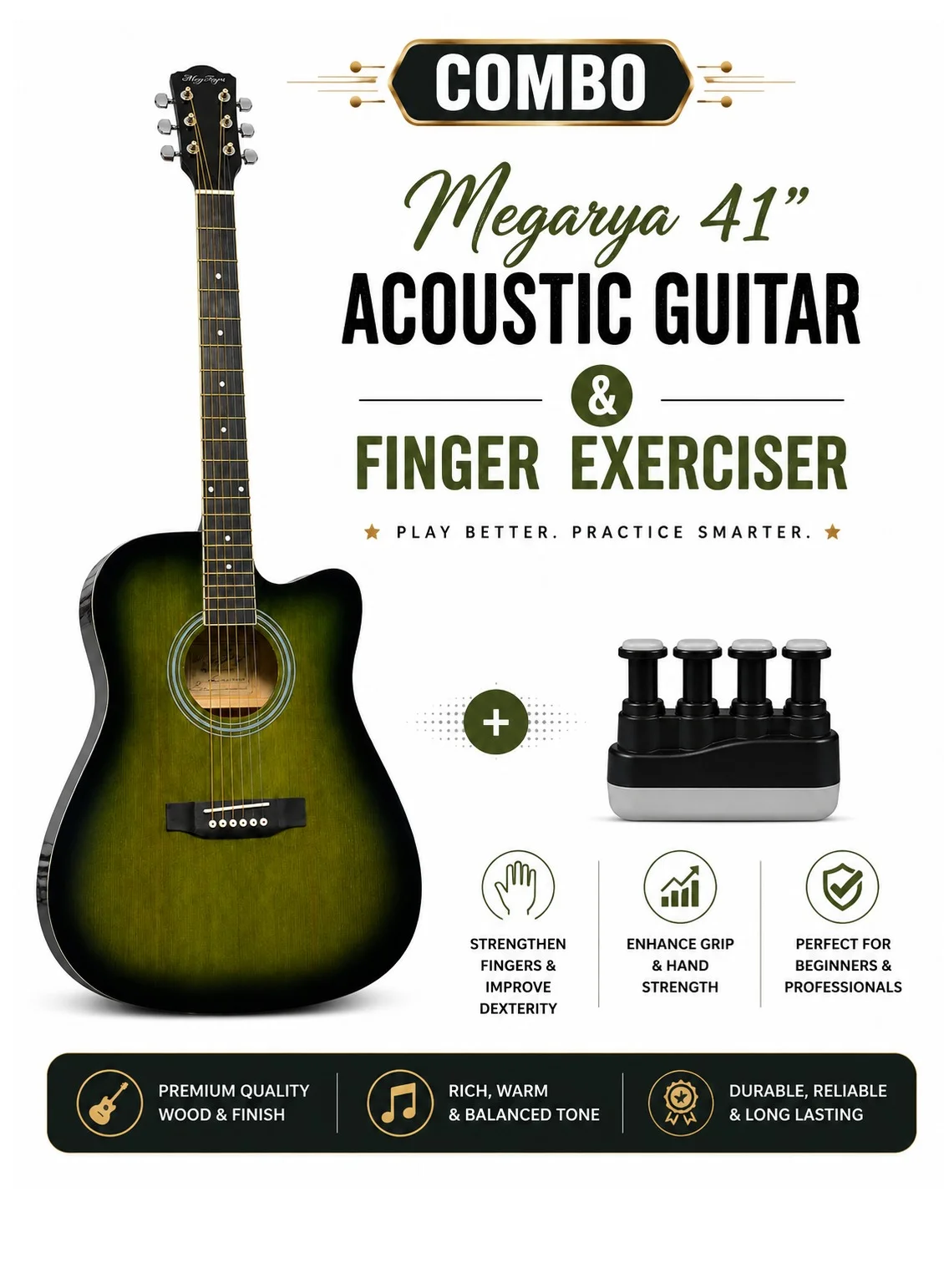 Megarya 41-inch Acoustic Guitar Starter Kit with Finger Exerciser (Olive Green, 6-String) jvz23