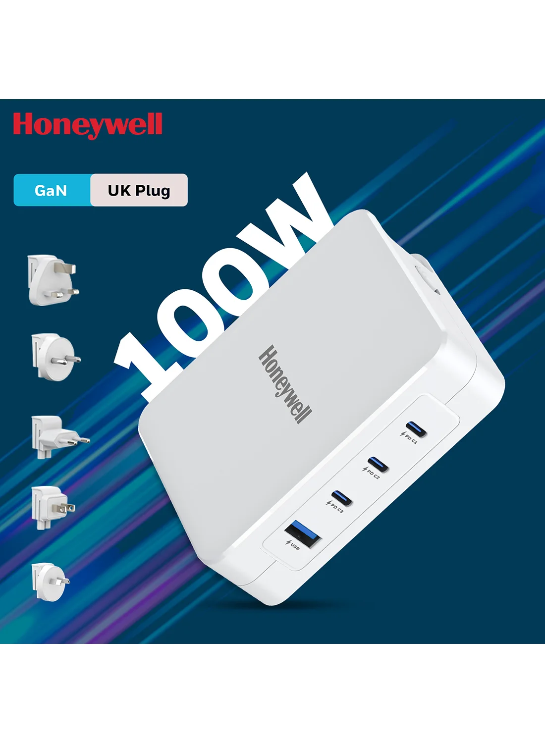 Honeywell 100W GaN Ultrafast Wall Charger with 3 USB-C and 1 USB-A Ports for Laptops and Smartphones (White) qfmtf