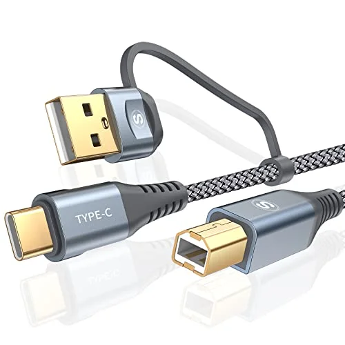 Sweguard 2-in-1 USB-C and USB-A to USB-B Printer Cable High-Speed Braided Data Cord for Laptops and MIDI Controllers (Grey, 2 Meters) u660a