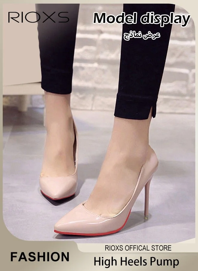 RIOXS Stiletto Heels Patent Leather Pointed Toe Pumps (Beige, 10 cm) for Women gmrtu