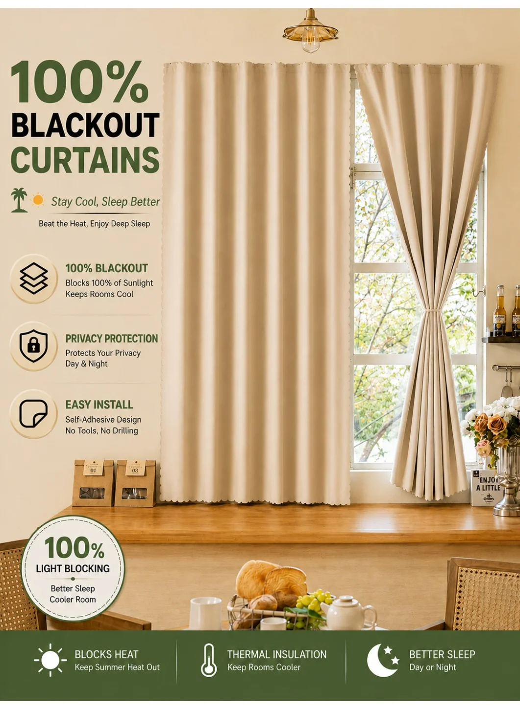 OHTEX HOME Blackout Curtains (2-Piece Set, Velcro Installation, No-Drill, Polyester, 140x200 cm) ga3p0