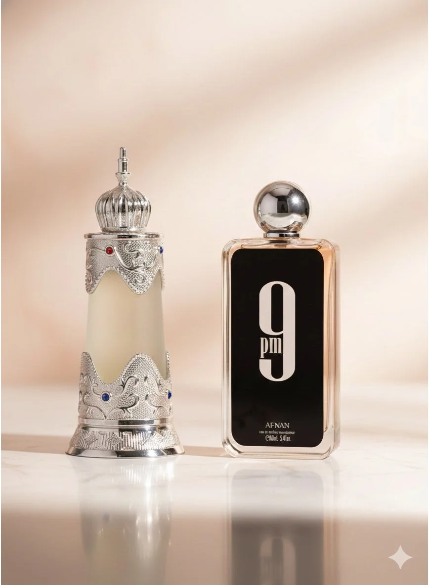 Afnan Dehn Al Oud Abiyad Perfume Oil and 9PM Eau de Parfum Fragrance Set (2 Piece Combo) br5ar