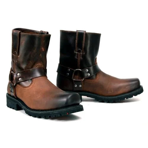 Premium Full Grain Leather Motorcycle Harness Boots Two-Tone Brown Pull-On Riding Footwear for Men 8lgtu