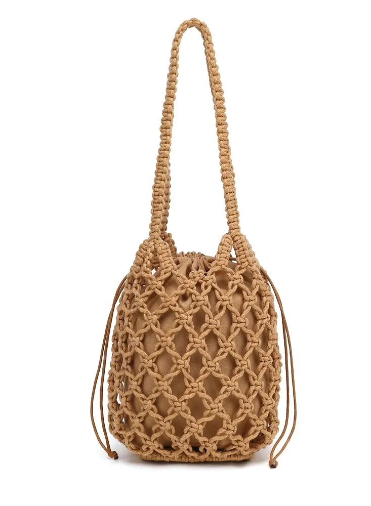 Luckam Woven Bucket Handbag for Women Premium Handmade Straw Shoulder Bag for Beach Travel (Solid, 25cm x 20cm) odypm