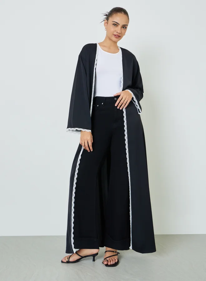 Amirah Black Front Open Abaya with Elegant Lace Trim (Premium Modest Wear for Women) n792u