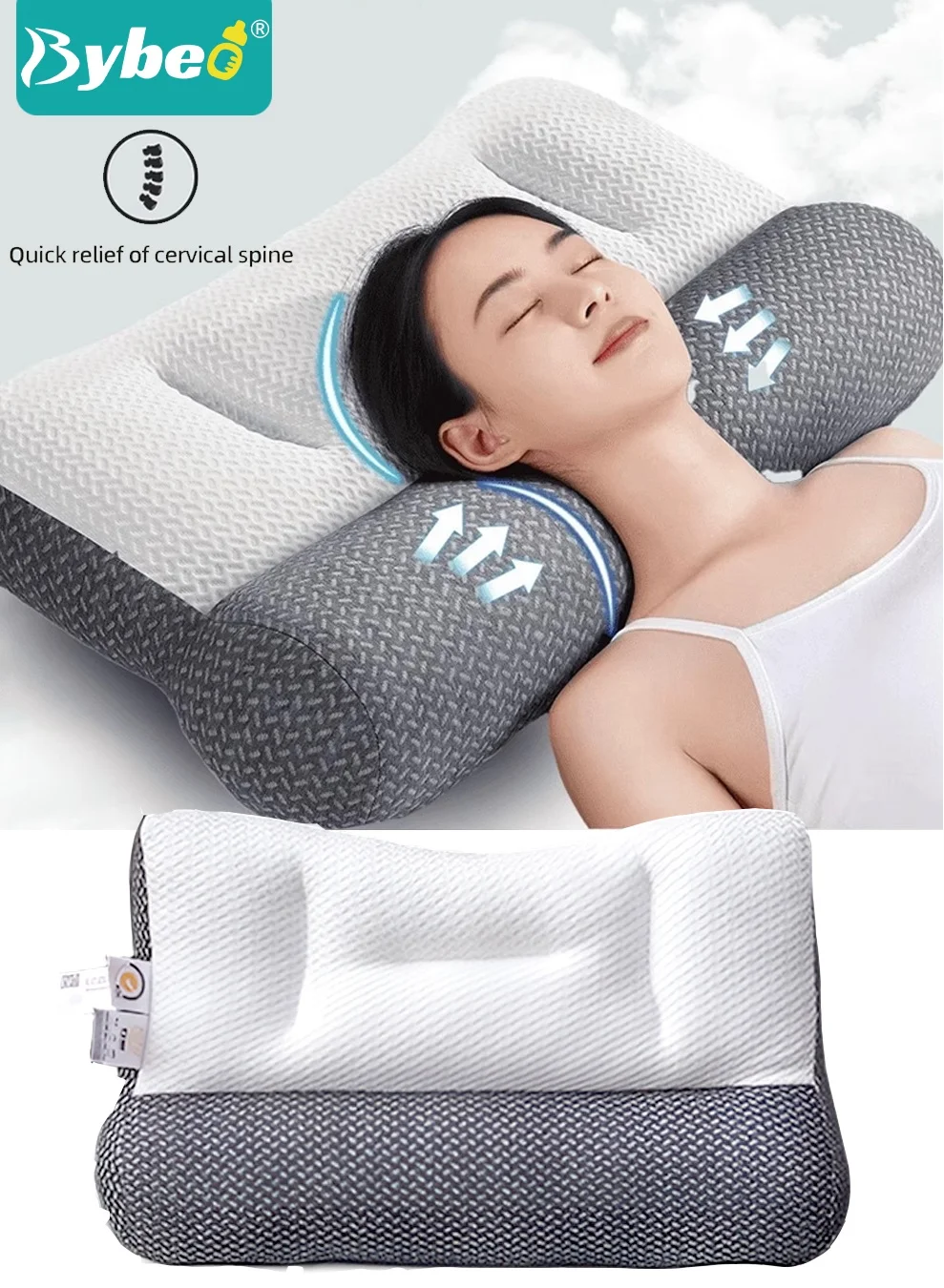 Bybeo Orthopedic Cervical Support Pillow for Neck Pain Relief - Premium Breathable Fabric & Feather-Down Filling (Single Size, 70cm x 45cm) r0qcj