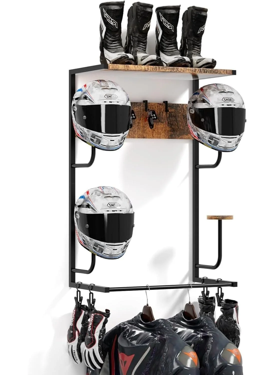 Wall Mounted Motorcycle Helmet Rack with 4 Hooks and Glove Storage (Rustic Metal, 1 Pack) curgw