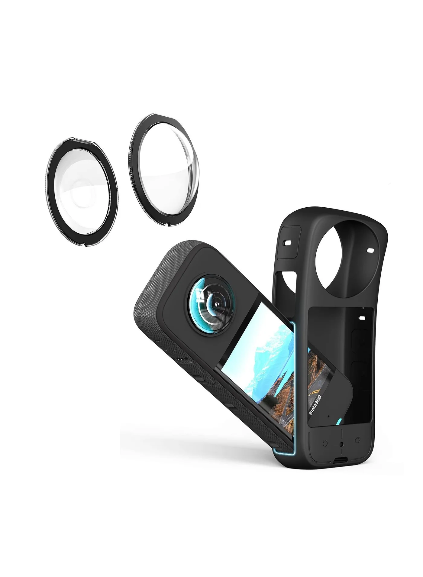 Y&D Silicone Protective Case and Lens Guards for 360 Action Camera (Scratch-Resistant, Waterproof, Black) kgftp