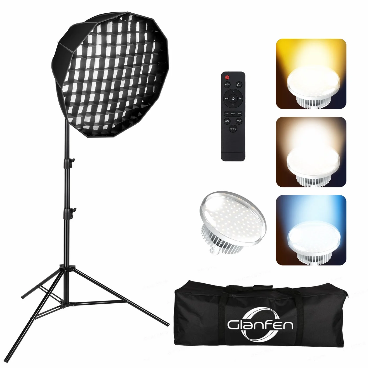 Glanfen Photography Studio Lighting Kit, 480W Dimmable LED Parabolic Softbox with Remote Control (3 Color Temperatures, 2m Stand) qfpqu