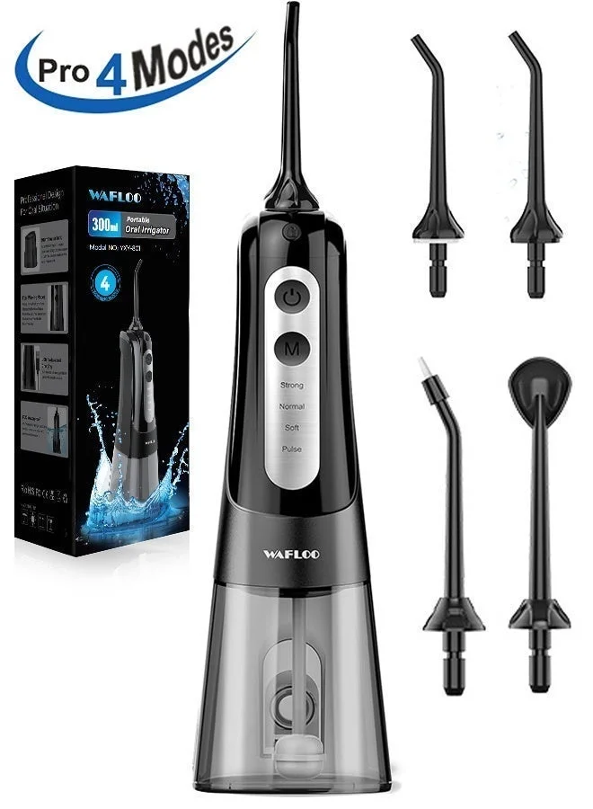 WAFLOO Cordless Water Dental Flosser Portable Oral Irrigator with 4 Jet Tips and 4 Cleaning Modes (Black, 300 mL) 2znm7