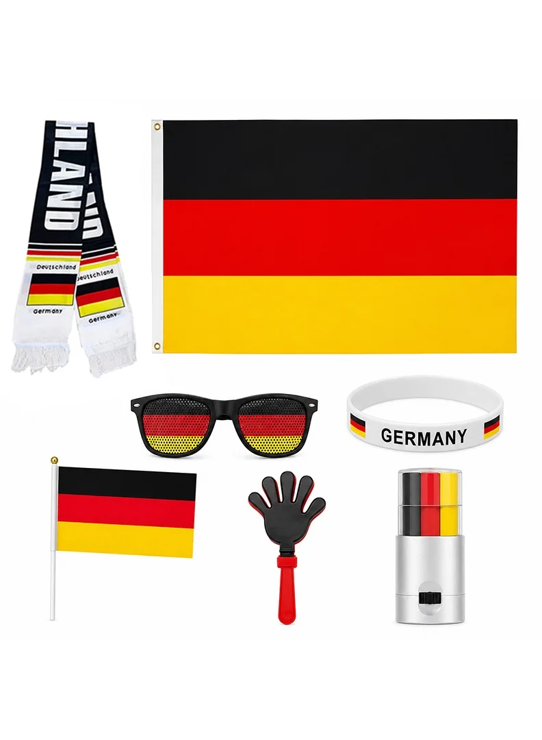 Germany Football Fan Kit 7-in-1 Supporter Accessories Set with Flag Scarf Face Paint Sunglasses Clappers and Wristband (Multicolor, 7-Piece Set) 22rr1