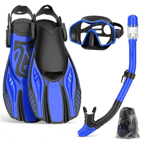 Keephigher Snorkeling Gear Set for Adults Panoramic Diving Mask with Dry Top Snorkel and Adjustable Fins (One Size) i5t9j
