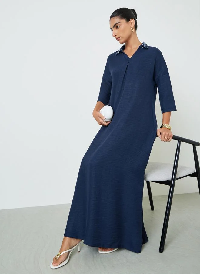 Amirah Navy Blue Printed Collar Jalabiya Premium Traditional Kaftan Dress for Women jnu0e