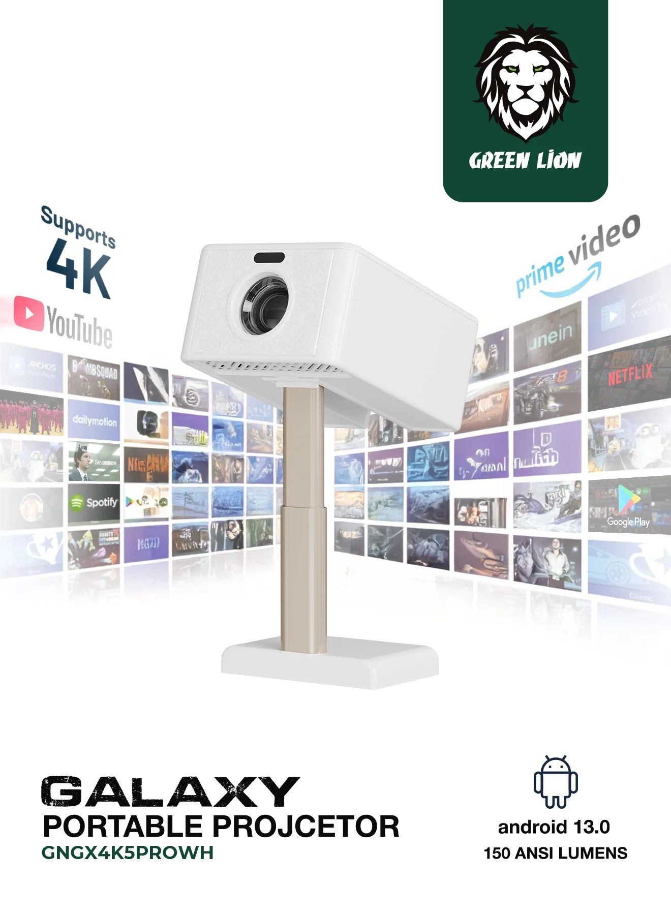 Green Lion Smart Projector Android 13 OS 4K Full HD Decoding Auto Focus Keystone Correction (White) sb8dw