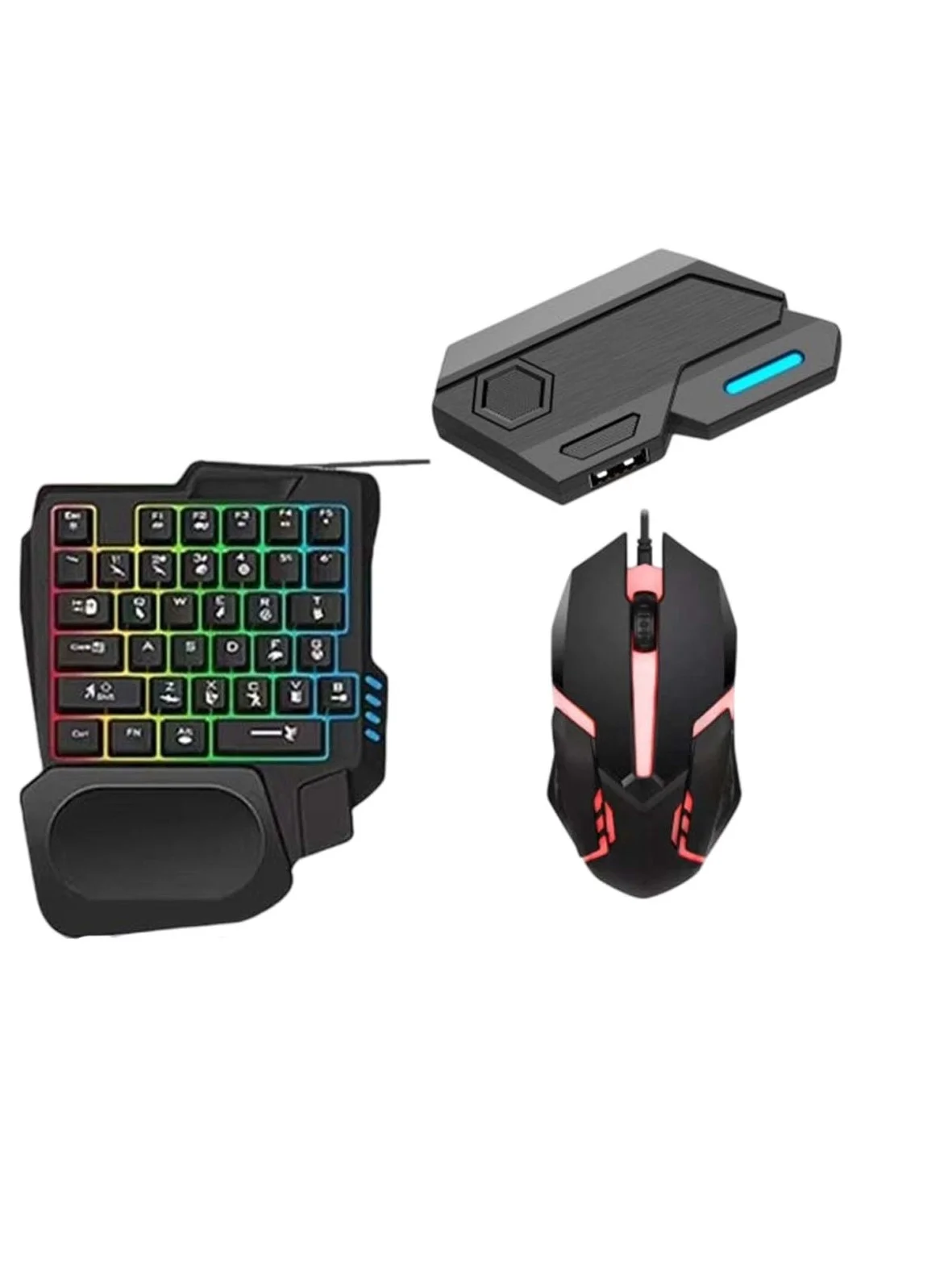 Huitich Gaming Combo Set (One-Handed RGB Keyboard, Wired Mouse, Game Converter Adapter) for Mobile and PC rg98f