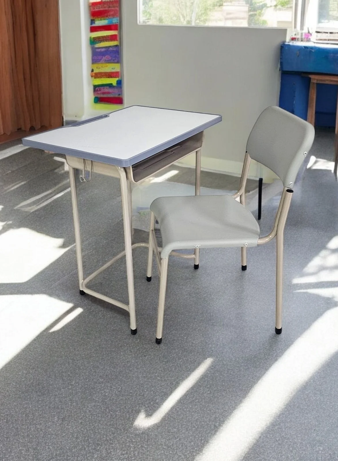 Premium Ergonomic Kids Study Table and Chair Set with Drawer ¨C Adjustable Height Homework Desk for Home and School (Grey, 1 Set) 4e300