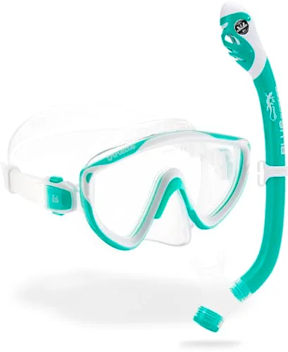 Premium Dry Snorkel Mask Set for Snorkeling and Diving (Aqua Green and White, One Size) b37ts