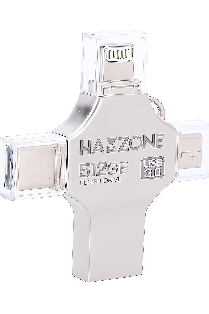 Hamzone 4-in-1 OTG USB Flash Drive 512GB, High-Speed USB 3.0 Memory Stick with Type-C, Lightning, Micro USB & USB-A Connectors for Laptop, Tablet and Smartphone (512GB) f8160